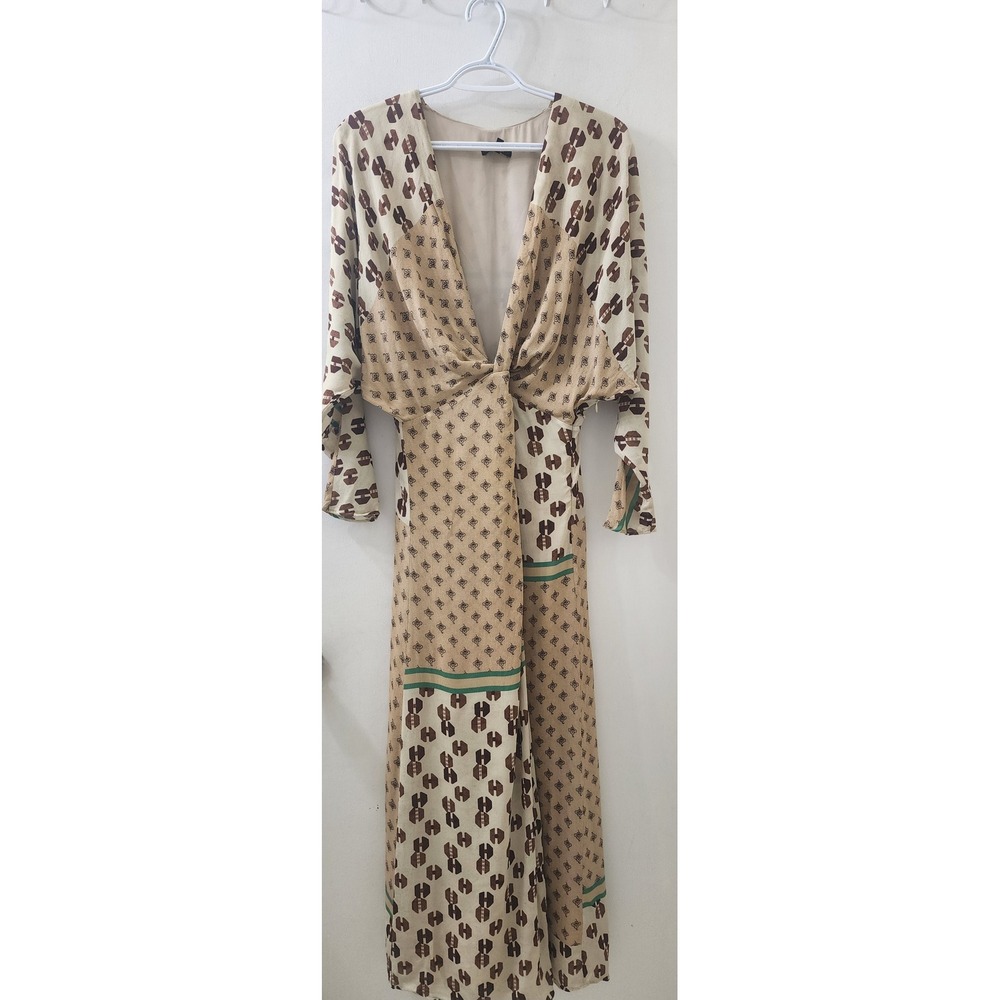 Massimo Dutti Mixed Print Knot Front Maxi Dress Tan Brown Size 8 6608/822